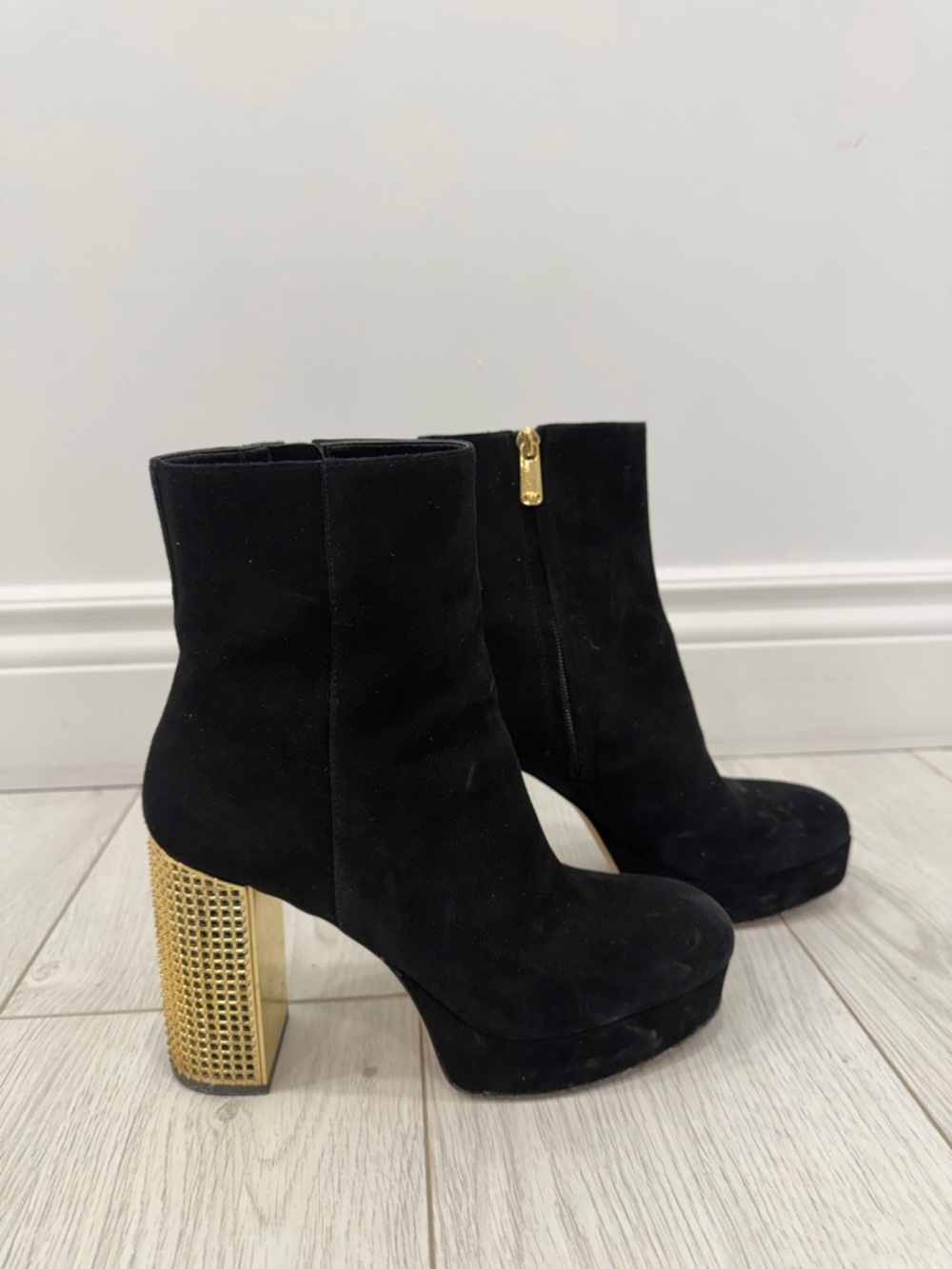 Michael Kors | Black Suede Ankle Boots with Gold Studded Block Heel